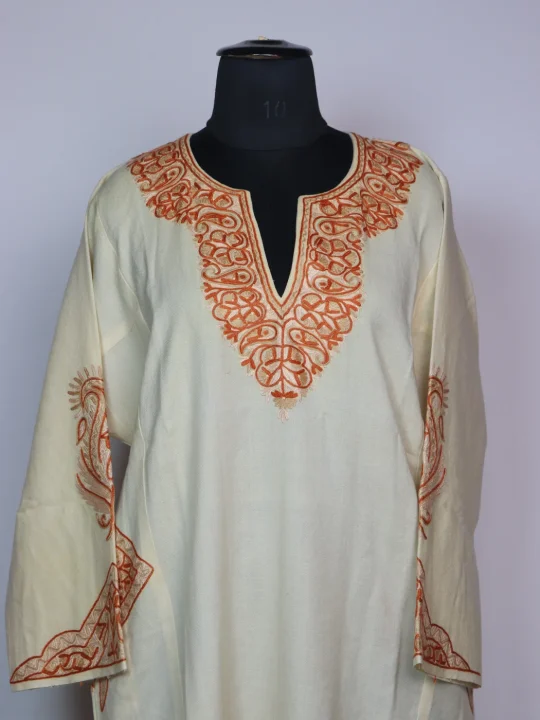 White Kashmiri Pheran In Raffal Wool With Hand Aari | Rekhta - Image 2
