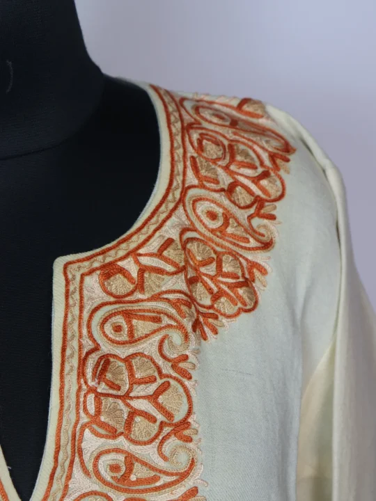 White Kashmiri Pheran In Raffal Wool With Hand Aari | Rekhta - Image 3