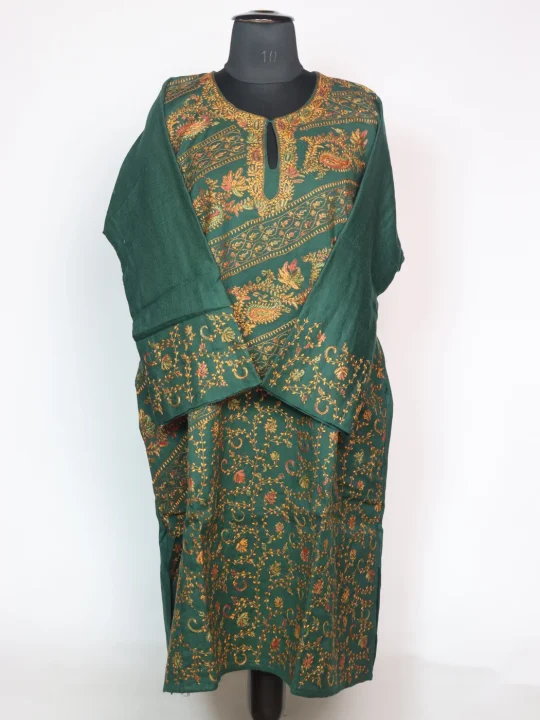 Green Kashmiri Pheran In Raffal Wool With Hand Sozni | Mirha