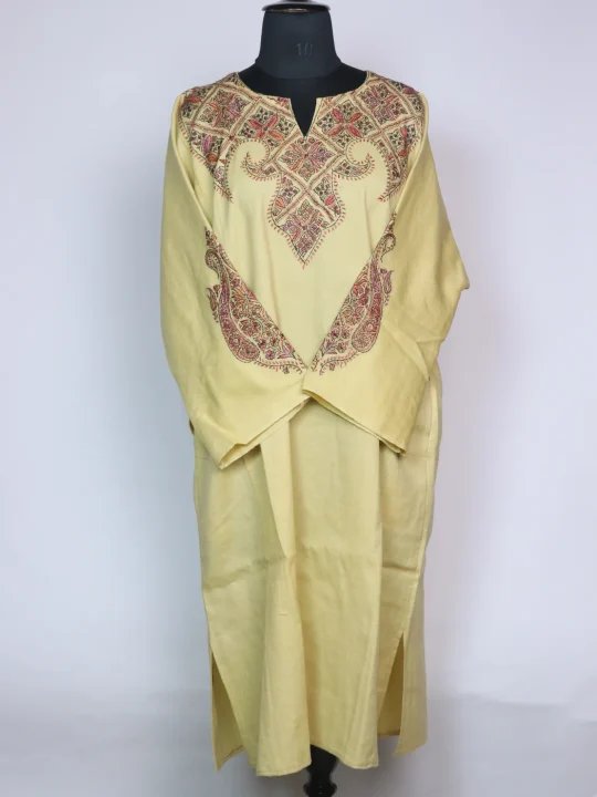 Mirza Kashmiri Pheran In Raffal Wool With Hand Sozni | Cream White