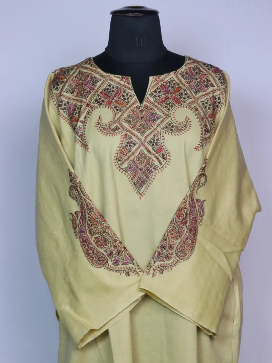 Mirza Kashmiri Pheran In Raffal Wool With Hand Sozni | Cream White - Image 2