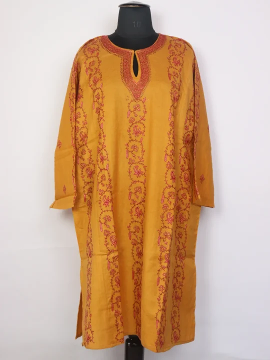 Mustard Kashmiri Pheran In Raffal Wool With Hand Sozni Lakeer Jaal | Eshal