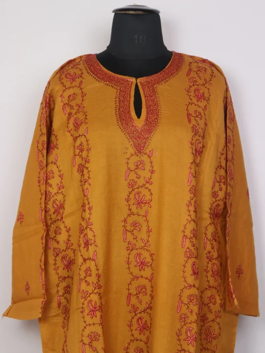 Mustard Kashmiri Pheran In Raffal Wool With Hand Sozni Lakeer Jaal | Eshal - Image 2
