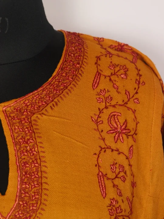 Mustard Kashmiri Pheran In Raffal Wool With Hand Sozni Lakeer Jaal | Eshal - Image 3