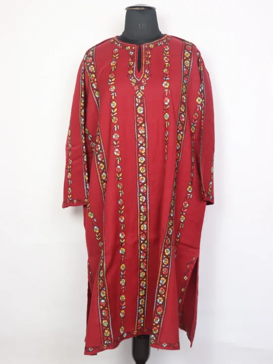 Aira Kashmiri Pheran In Raffal Wool Hand Sozni Paper Mache Side Jaal Work | Red