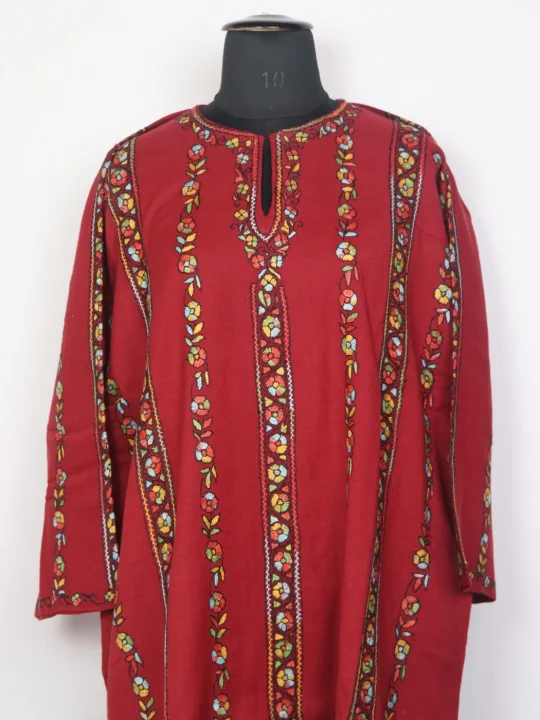 Aira Kashmiri Pheran In Raffal Wool Hand Sozni Paper Mache Side Jaal Work | Red - Image 2