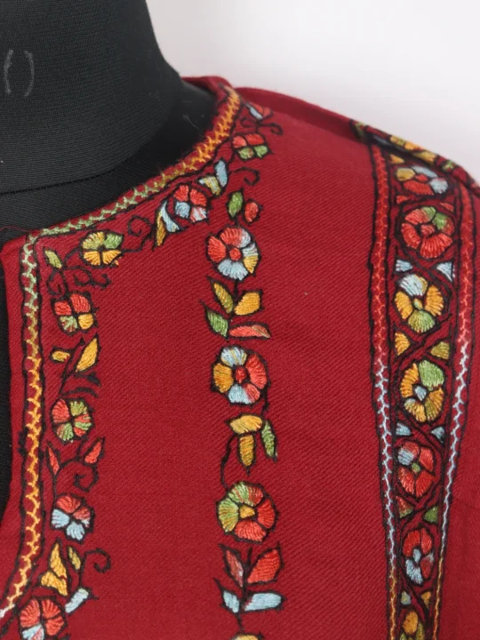 Aira Kashmiri Pheran In Raffal Wool Hand Sozni Paper Mache Side Jaal Work | Red - Image 3
