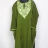 Noorain Kashmiri Pheran in Raffal Wool with Aari Work Olive Green