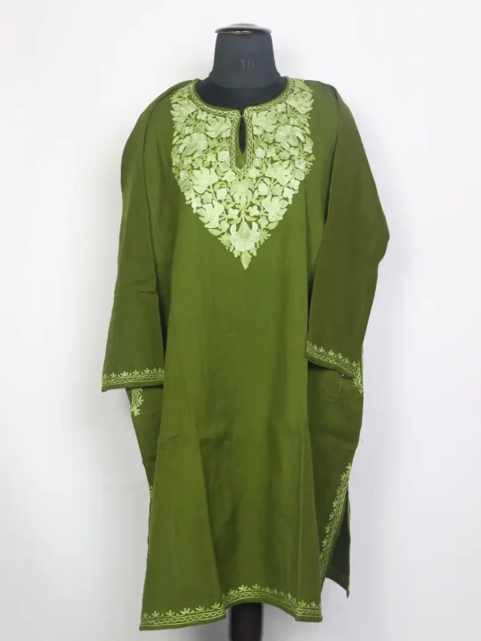 Noorain Kashmiri Pheran in Raffal Wool with Aari Work Olive Green