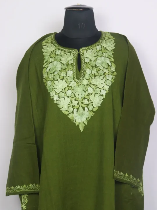 Noorain Kashmiri Pheran in Raffal Wool with Aari Work Olive Green - Image 2