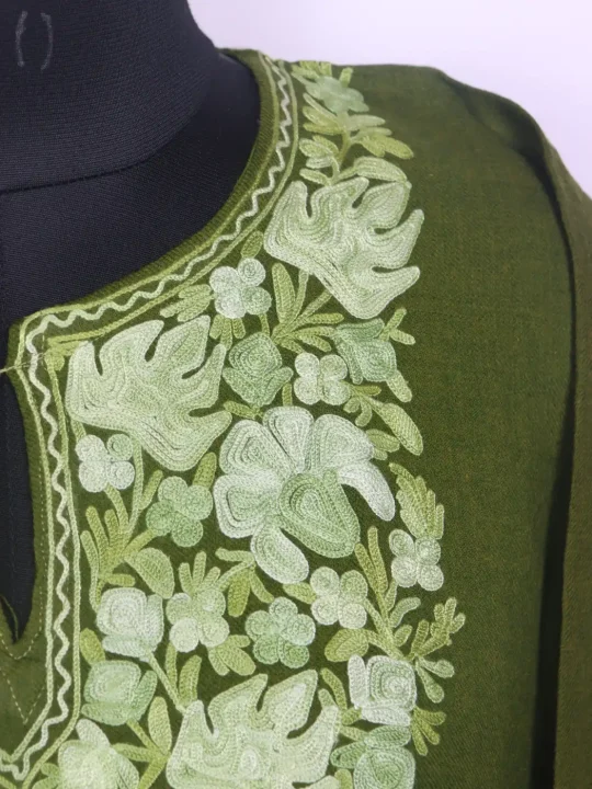 Noorain Kashmiri Pheran in Raffal Wool with Aari Work Olive Green - Image 3