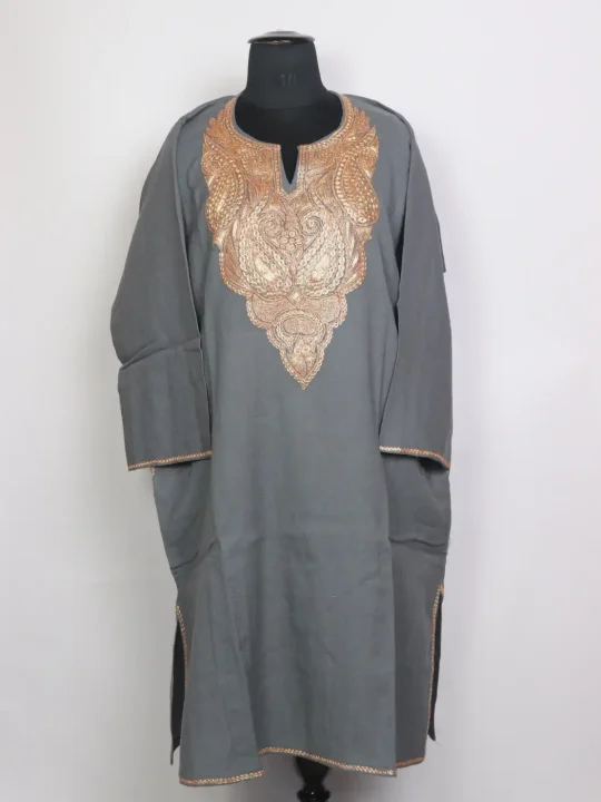 Minaal Kashmiri Raffal Wool Botte Tilla Work Pheran Grey