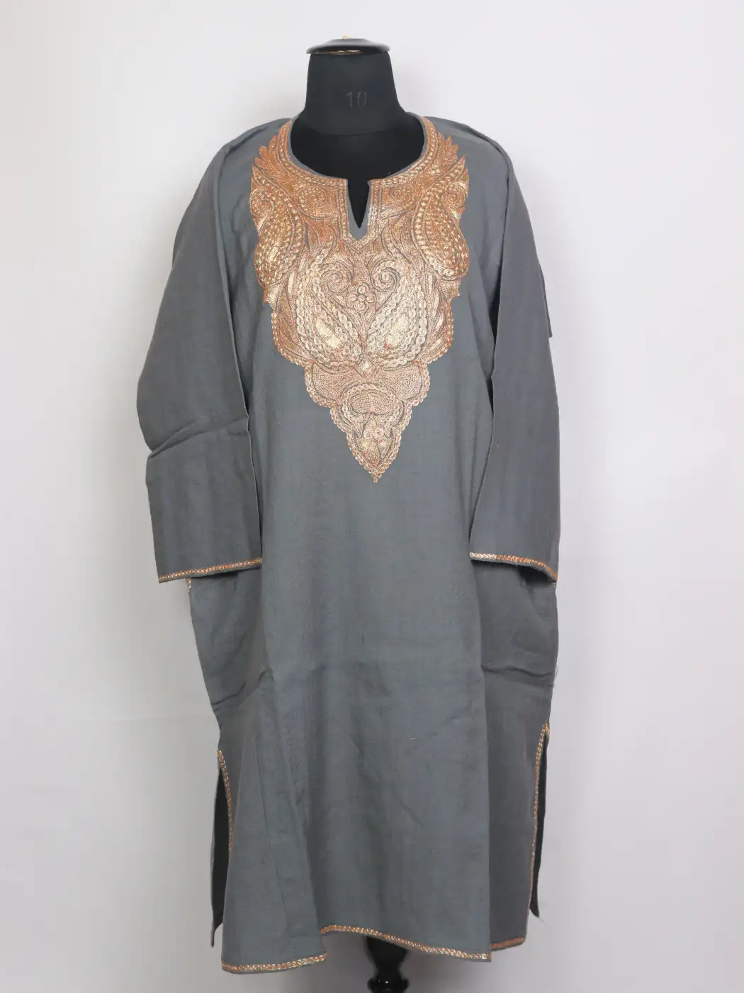 Minaal Kashmiri Raffal Wool Botte Tilla Work Pheran Grey