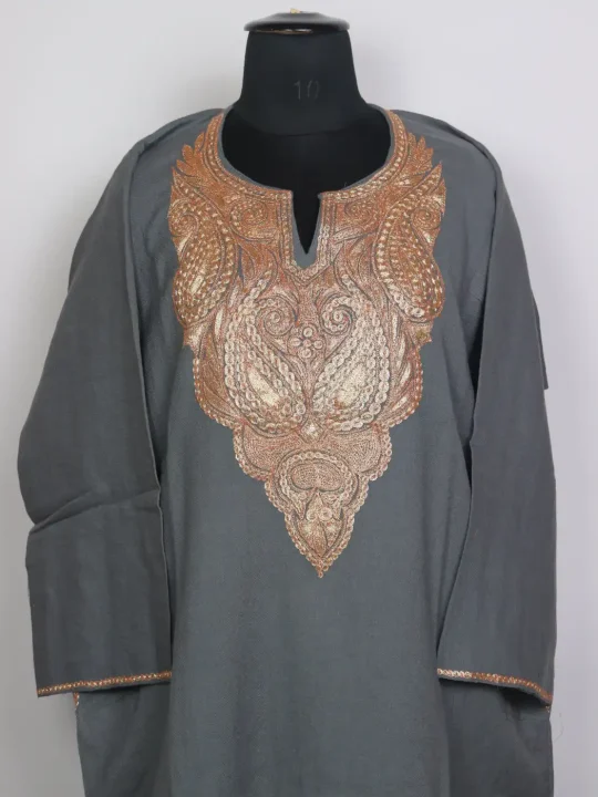 Minaal Kashmiri Raffal Wool Botte Tilla Work Pheran Grey - Image 2