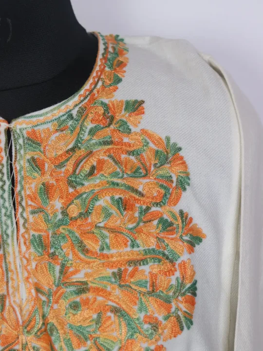 Safa Kashmiri White Pheran with Aari Work in Cashmilon Wool - Image 3