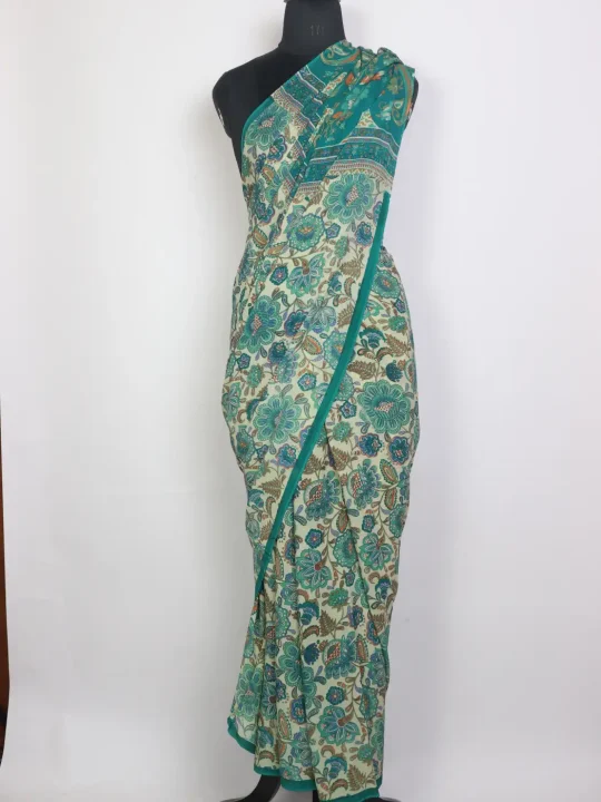 Kashmiri Safa Pure Mulberry Silk Saree Teal Green Floral Print