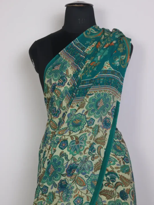 Kashmiri Safa Pure Mulberry Silk Saree Teal Green Floral Print - Image 2