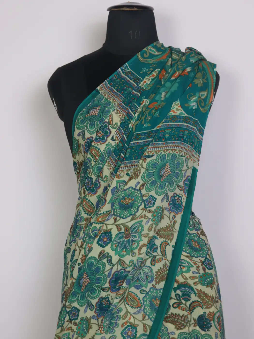Kashmiri Safa Pure Mulberry Silk Saree Teal Green Floral Print - Image 2