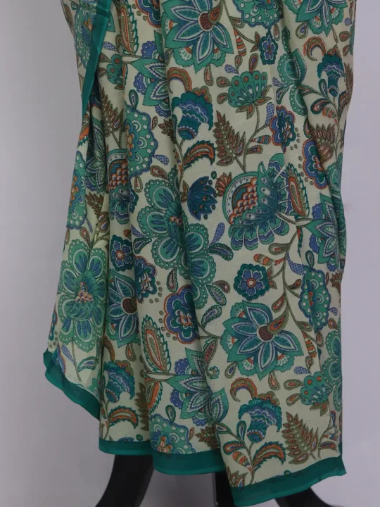 Kashmiri Safa Pure Mulberry Silk Saree Teal Green Floral Print - Image 3
