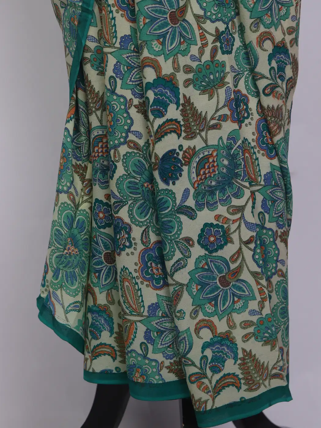 Kashmiri Safa Pure Mulberry Silk Saree Teal Green Floral Print - Image 3