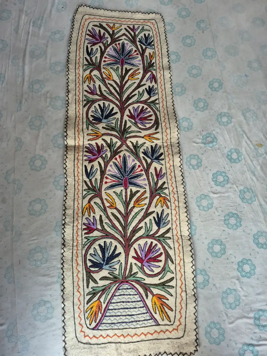Kashmiri Twin Bloom Hand Embroidered Wool Namda Runner | 6x2 ft