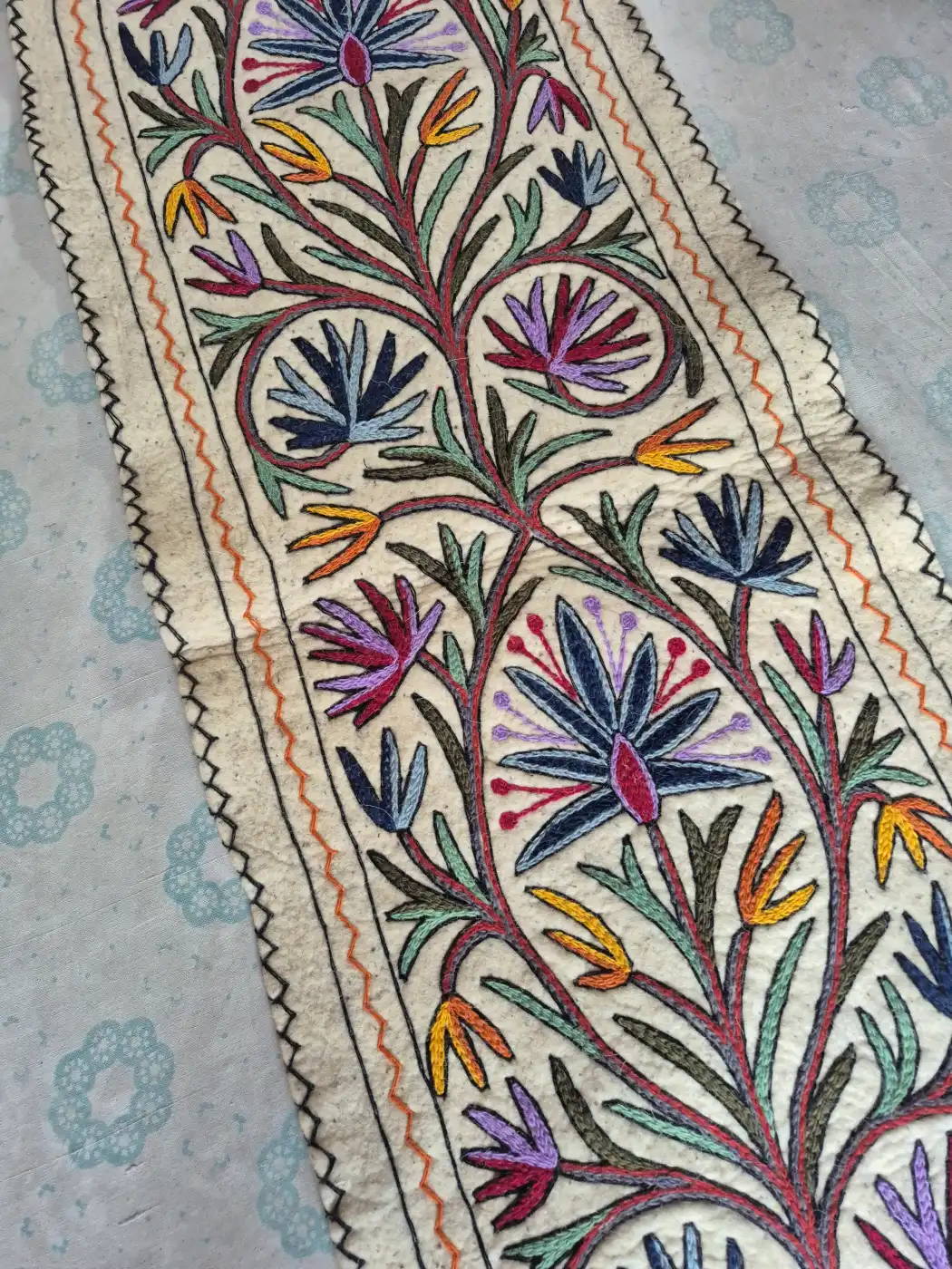 Kashmiri Twin Bloom Hand Embroidered Wool Namda Runner | 6x2 ft - Image 3