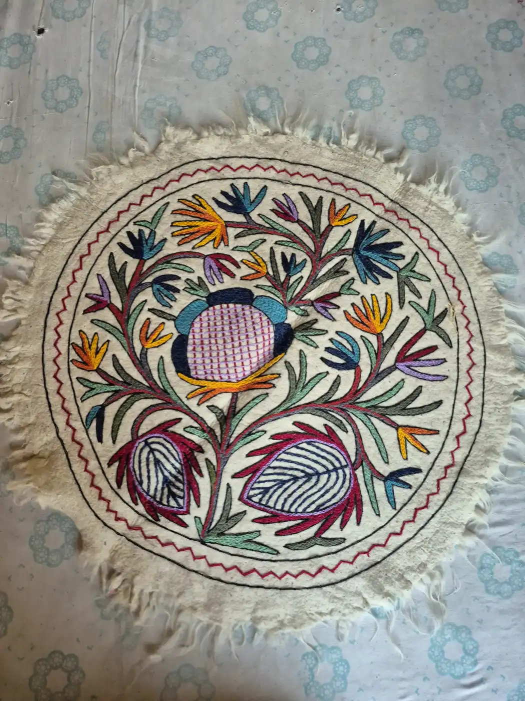 Kashmiri Wool Namda Round Accent Rug with Nesting Floral Forms and Jewel-Tone Foliage – 3x3 Feet
