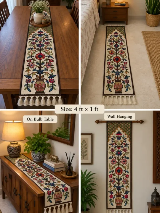 Ashmuqam Handmade Kashmiri Wool Thread Embroidery Chain Stitch Runner 4*1ft - Image 2