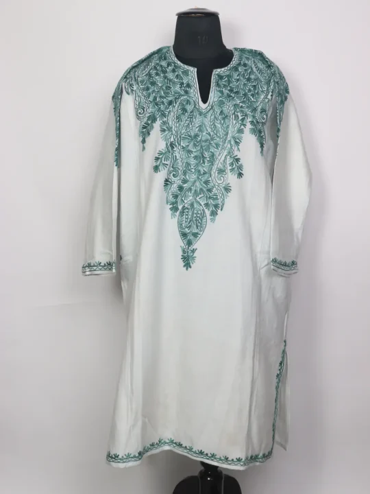 Hoor Kashmiri White Cashmilon Pheran for Women with Front Back Aari Kadhai