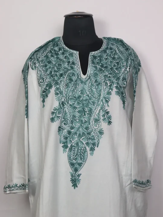 Hoor Kashmiri White Cashmilon Pheran for Women with Front Back Aari Kadhai - Image 2