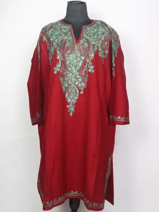 Kashmiri Maroon Cashmilon Pheran for Women with Front Back Aari Embroidery Syeda