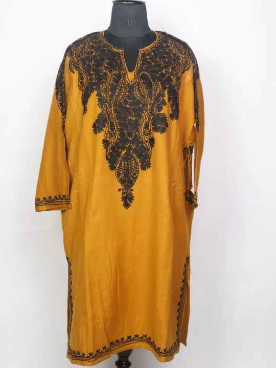 Sarsou Rang Kashmiri Cashmilon Pheran for Women with Front Back Aari Embroidery