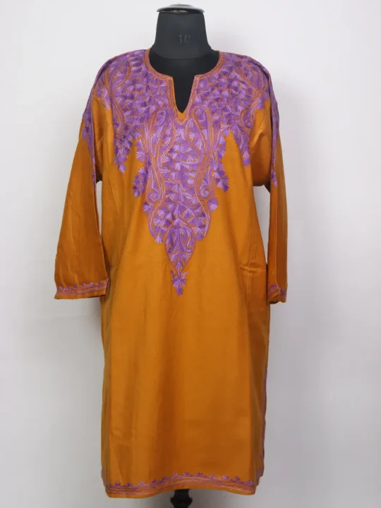 Kashmiri Cashmilon Mustard Pheran for Women Aamina with Front Back Aari Kadhai