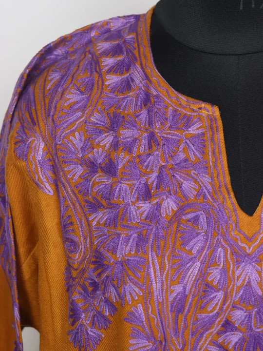 Kashmiri Cashmilon Mustard Pheran for Women Aamina with Front Back Aari Kadhai - Image 3