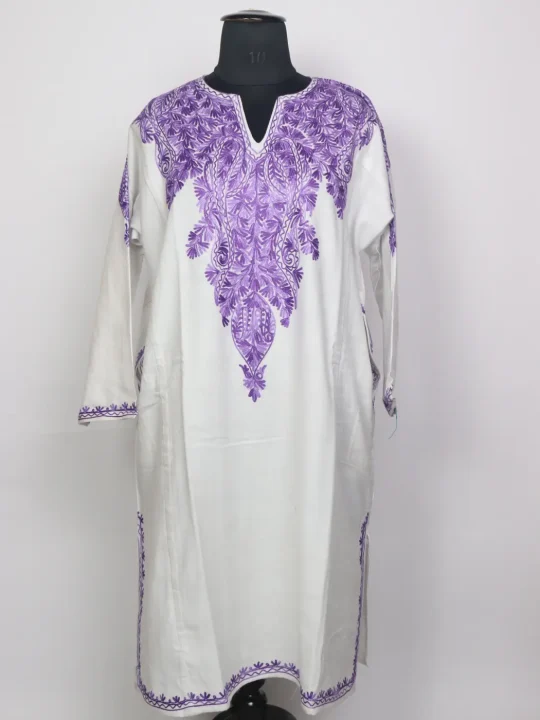 White Kashmiri Cashmilon Pheran for Women with Purple Front Back Aari Kaam