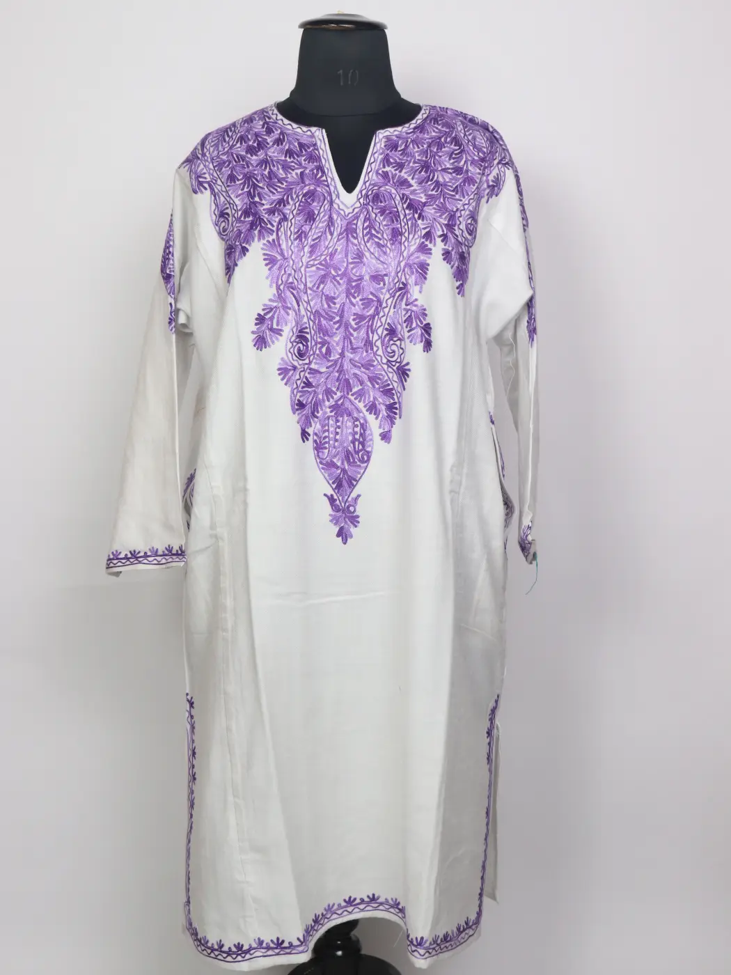 White Kashmiri Cashmilon Pheran for Women with Purple Front Back Aari Kaam
