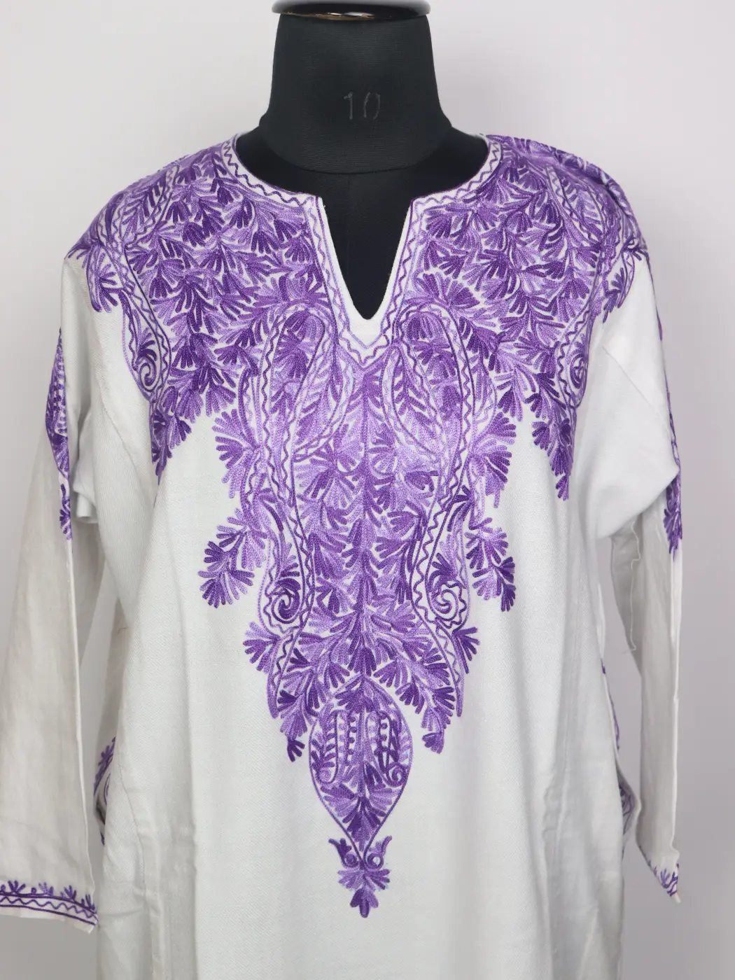 White Kashmiri Cashmilon Pheran for Women with Purple Front Back Aari Kaam - Image 2