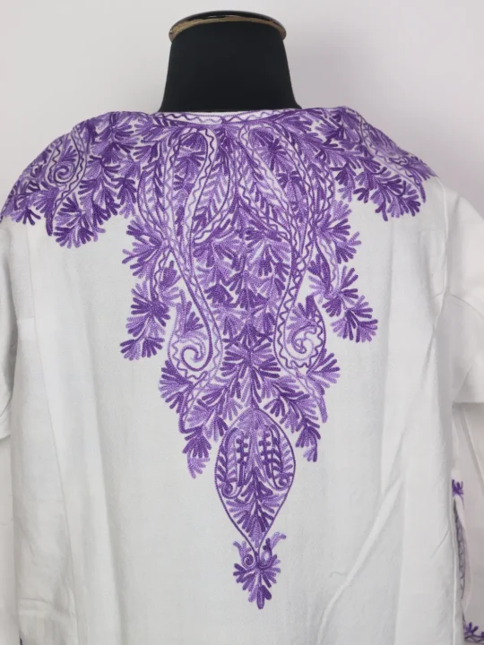 White Kashmiri Cashmilon Pheran for Women with Purple Front Back Aari Kaam - Image 4