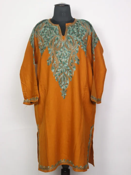 Yellow Kashmiri Cashmilon Pheran for Women with Back Aari Embroidery Bisma