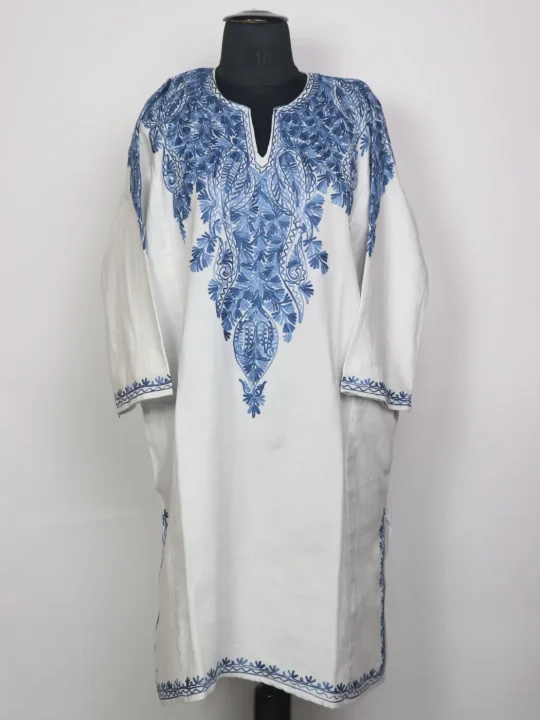 Kashmiri Cashmilon Pheran for Women with Front & Back Aari Work | Zeba White