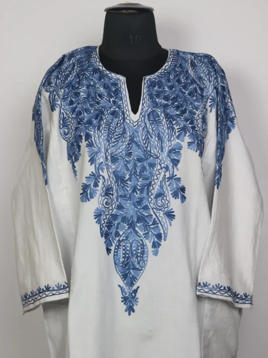 Kashmiri Cashmilon Pheran for Women with Front & Back Aari Work | Zeba White - Image 2