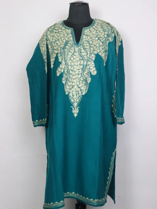 Kashmiri Cashmilon Pheran for Women Nahid with Cream Front Back Aari Embroidery