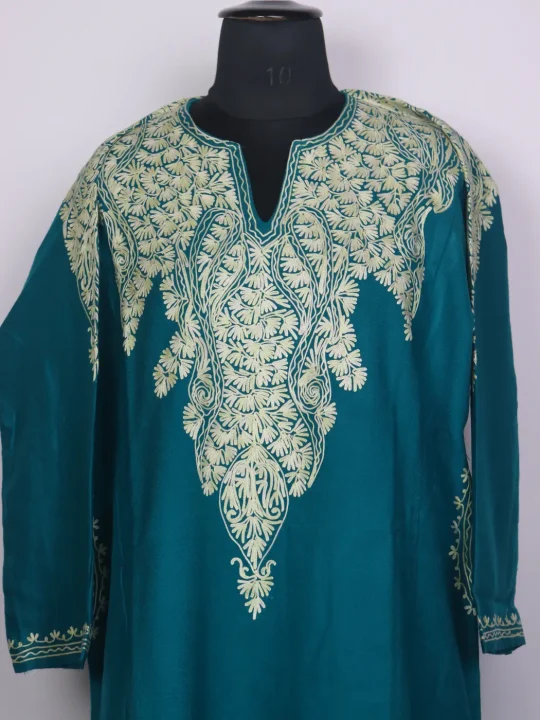 Kashmiri Cashmilon Pheran for Women Nahid with Cream Front Back Aari Embroidery - Image 2