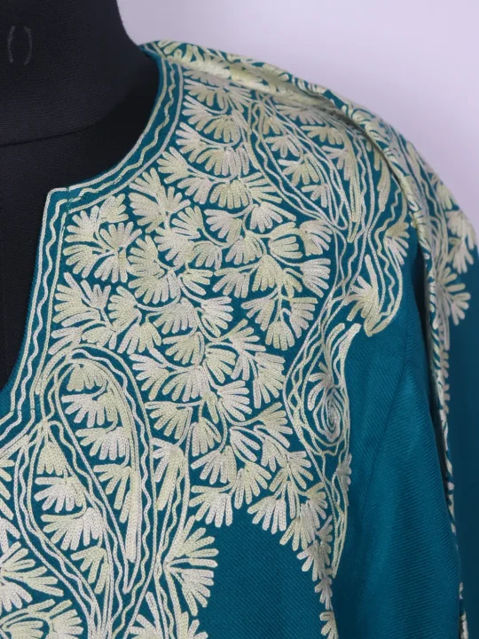 Kashmiri Cashmilon Pheran for Women Nahid with Cream Front Back Aari Embroidery - Image 3