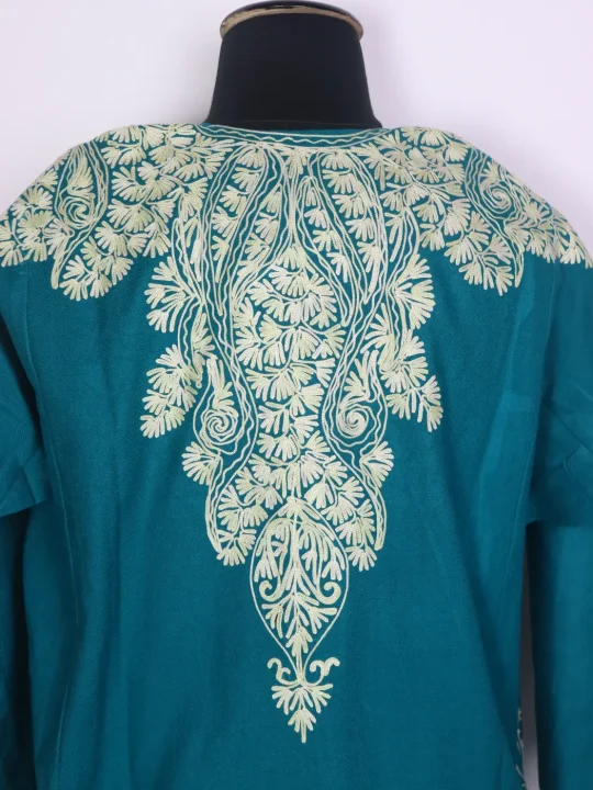 Kashmiri Cashmilon Pheran for Women Nahid with Cream Front Back Aari Embroidery - Image 4