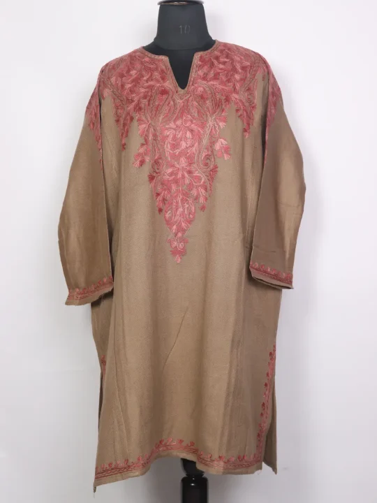 Beige Sufi Kashmiri Cashmilon Pheran for Women with Pink Front Back Aari Embroidery