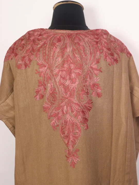 Beige Sufi Kashmiri Cashmilon Pheran for Women with Pink Front Back Aari Embroidery - Image 4
