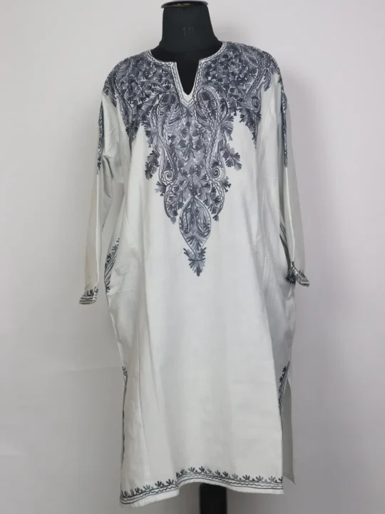 Kashmiri Dilara White Cashmilon Pheran for Women with Front Back Aari Embroidery