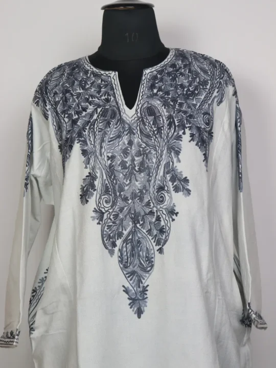 Kashmiri Dilara White Cashmilon Pheran for Women with Front Back Aari Embroidery - Image 2