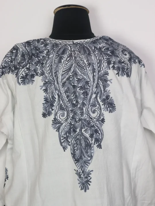 Kashmiri Dilara White Cashmilon Pheran for Women with Front Back Aari Embroidery - Image 3